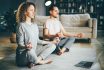 Calm,couple,in,pajamas,meditating,,listening,spiritual,practices,lessons,on