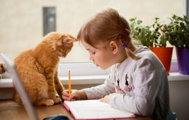 Educate,at,home.,child,girl,make,homework,with,pet,cat.