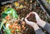 Hands,holding,compost,above,the,composter,with,organic,waste