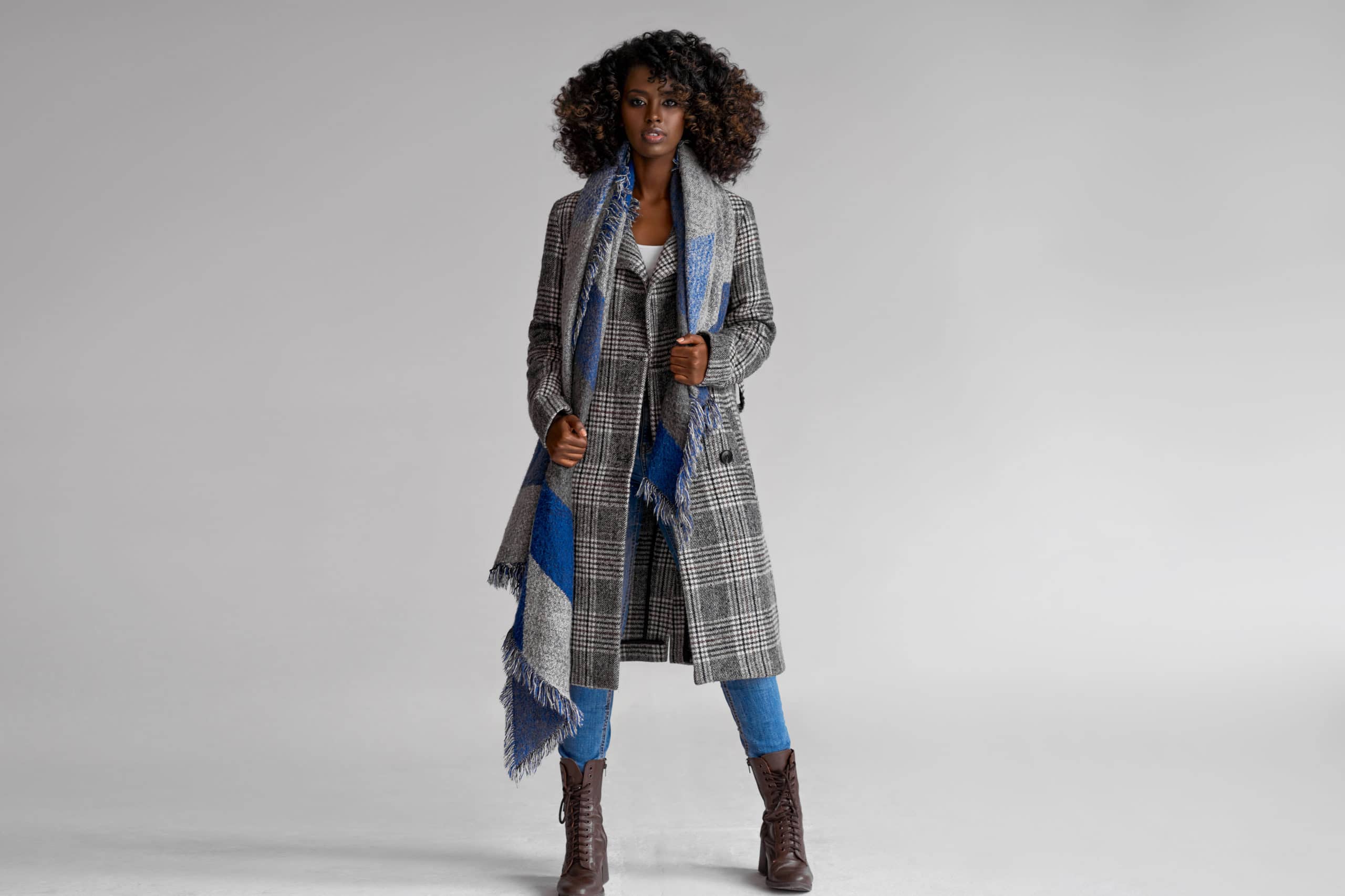 Female,black,model,wear,grey,plaid,coat,with,scarf,with