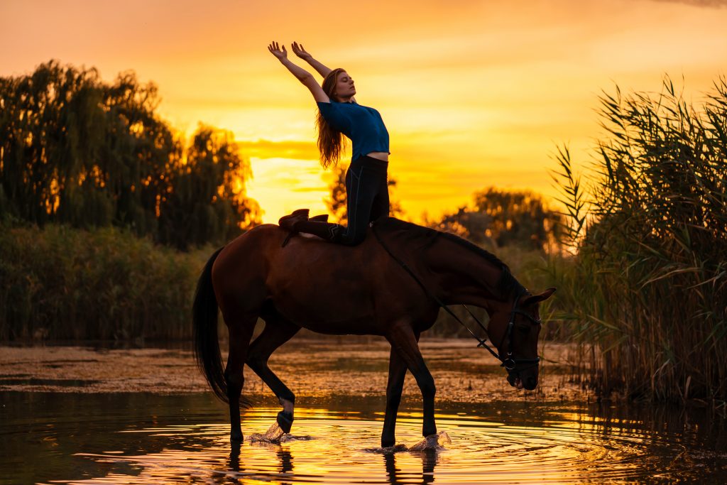 Silhouetted,a,slender,girl,practicing,yoga,on,horseback,,at,sunset
