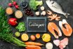 Food,rich,in,collagen.,various,food,ingredients,and,chalkboard,with