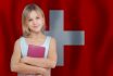 Young,student,girl,on,swiss,flag,background.,education,and,school