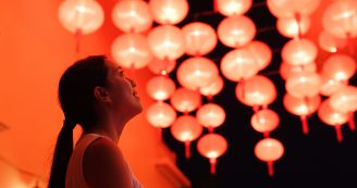 Woman,look,at,the,red,lantern,for,chinese,new,year
