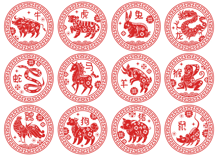 Round Frames Chinese Zodiac Signs. Animals Types Of Astrological Calendar, Asian Horoscope, Traditional Decor Twelve Animal Red Silhouettes Different Years. Vector Emblems Set