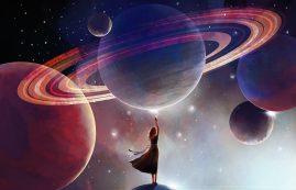 Space Background For Astrology, A Woman Touches The Planet. Futuristic Mystical Background, Subconscious Depth Concept, Modern Illustration. Girl And Space.