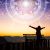 Woman Raising Hands Looking At The Sky. Astrological Wheel Projection, Choose A Zodiac Sign. Trust Horoscope Future Predictions, Consulting Stars. Power Of Universe, Astrology Esoteric Concept.