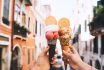 Beautiful And Delicious Italian Gelato In Waffle Cone In Front Of Streets And Bridges Of Venice.