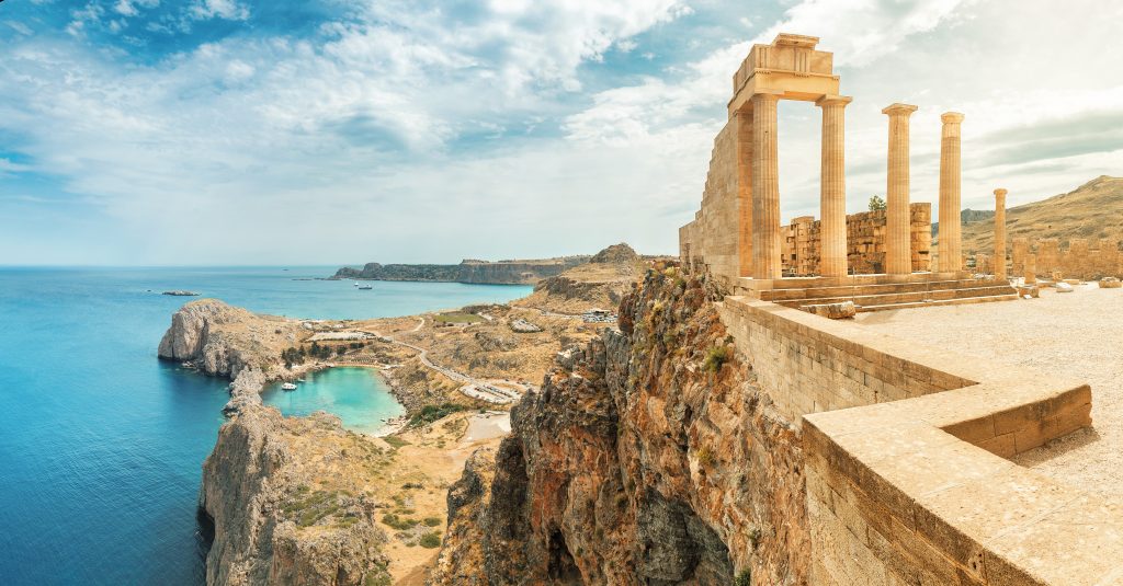 Famous Tourist Attraction Acropolis Of Lindos. Ancient Architecture Of Greece. Travel Destinations Of Rhodes Island