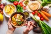 Healthy Vegetarian Food Background. Vegetables, Pesto And Lentil Curry With Tofu.