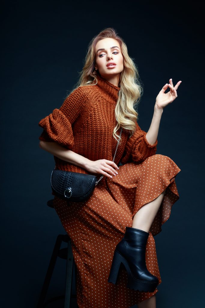 Fashion Portrait Of Elegant Woman In Brown Clothes, Dark Background