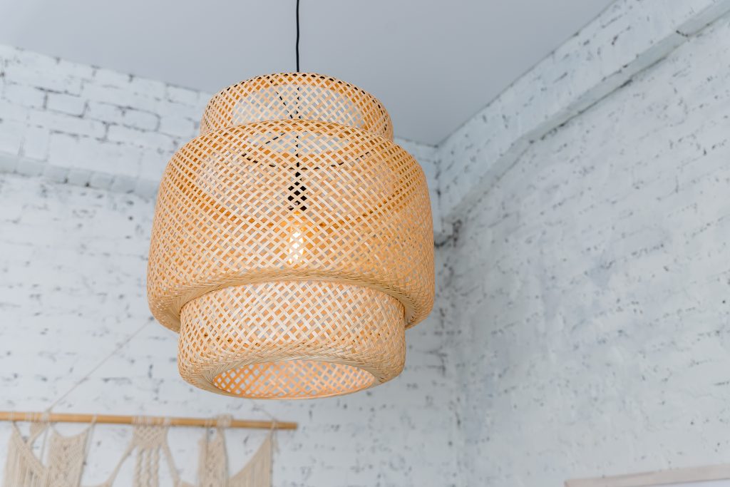 Pendant Light With Wicker Lampshade, Rustic Style.wicker Shade Lamp.simple Home Interior With Decorative Ceiling Wicker Lamp.decorating Hanging Lantern Lamps In Wooden From Bamboo