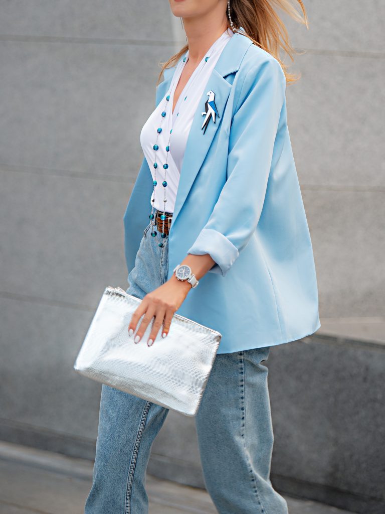 Blue Jacket And Blue Jeans. Accessories In Clothing.