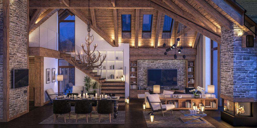 3d Rendering Of Evening Living Room Of Chalet