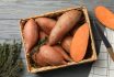 Sweet Potato In Basket On Wooden Background, Top View