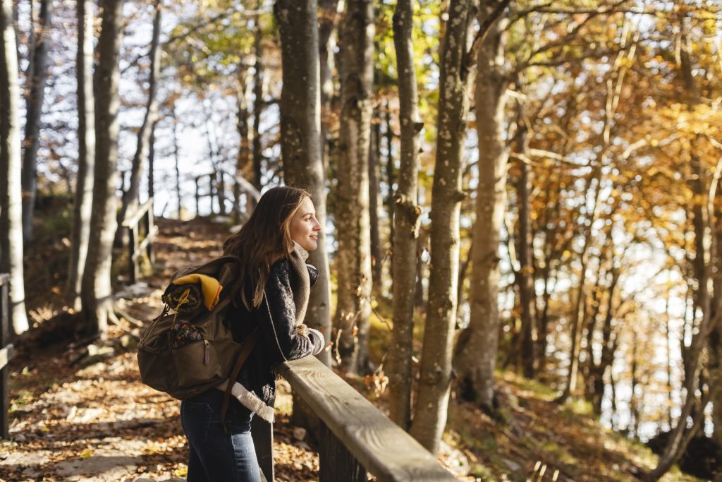 Hiker Young Woman Looking The Autumn Forest