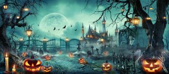 Party Of Pumpkins And Zombies In Graveyard At Moonlight