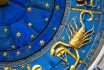 Scorpio Astrological Sign On Ancient Clock. Detail Of Zodiac Wheel With Scorpion.