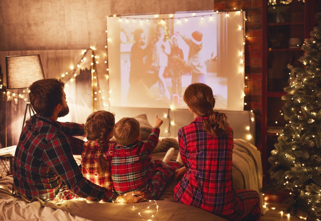 Family Mother Father And Children Watching Projector, Film, Movi