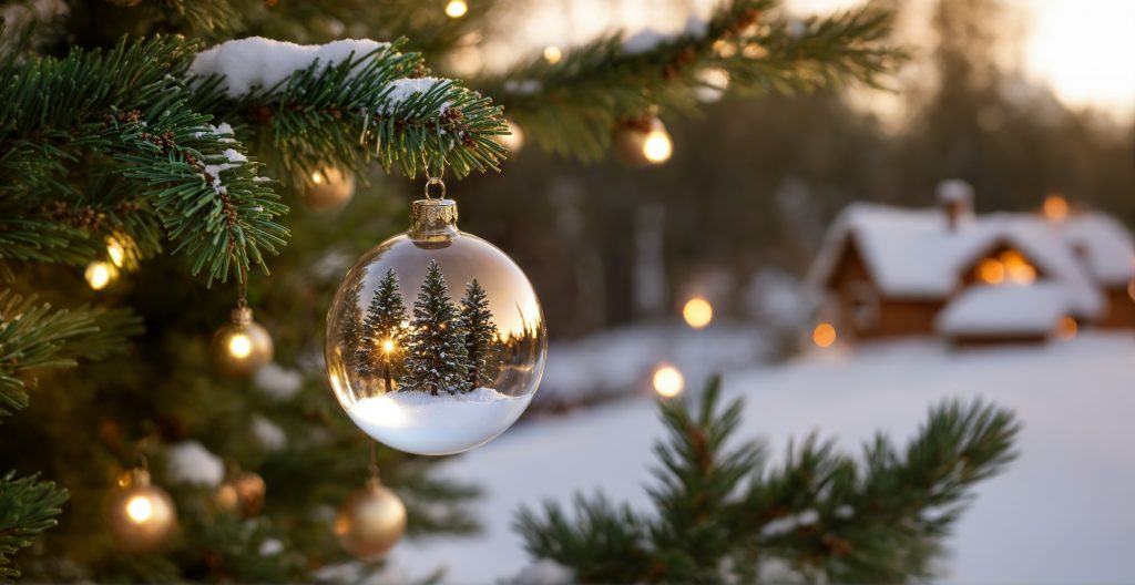 A Christmas Tree With A Glass Ornament Hanging From It