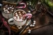 Two Homemade Hot Chocolate Mugs With Marshmallows On Rustic Wooden Christmas Table