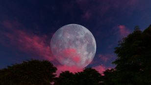 Full Moon With Vanilla Clouds On A Background Of Forest.3d Rendering