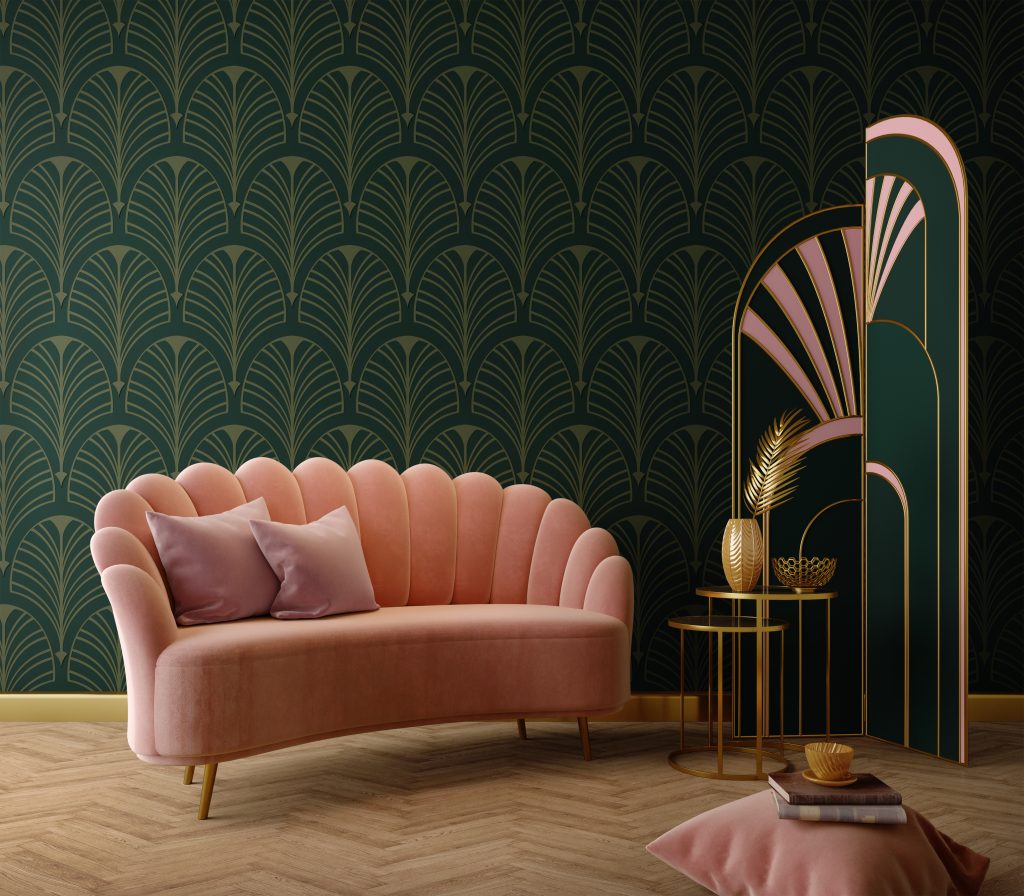 Art Deco Interior In Classic Style With Pink Sofa And Table.3d Rendering