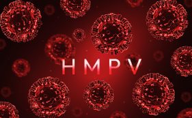 Hmpv Virus In Red Alarming Color With Floating Shapes And Typography. Human Metapneumovirus Concept Design Backdrop