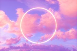 Neon Circle Frame In The Sky, Futuristic Background.