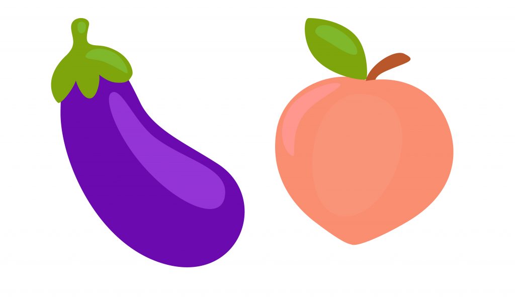 Cartoon Eggplant And Peach Emoji. Sexual Male And Female Symbols.