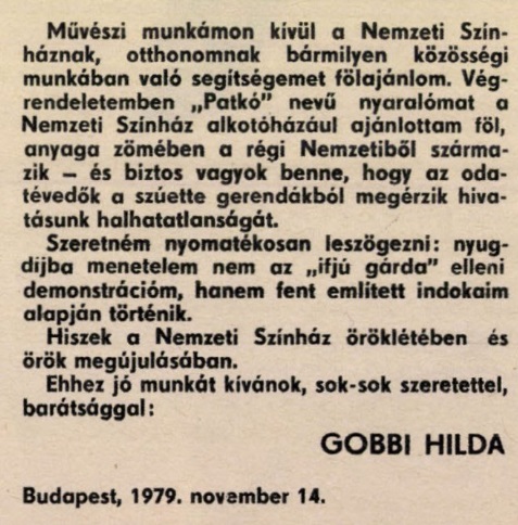 Gobbi Hilda üzenetéből egy részlet / Forrás: Arcanum / Film, Színház, Muzsika 1981. január 31-i száma