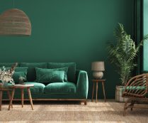 Home Interior Background With Green Sofa, Table And Decor In Living Room