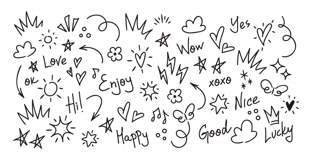 Cheerful Collection Of Doodles Featuring Positive Words And Symbols. Includes Hearts, Stars, Suns, Clouds, And Words