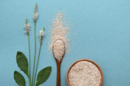 Psyllium Plant Product Is The Husk Of Plantain Seeds On A Blue Background