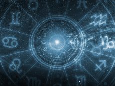 Zodiac Signs Inside Of Horoscope Circle. Astrology In The Sky With Many Stars And Moons Astrology And Horoscopes Concept