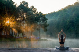 Young Woman Practicing Yoga In The Nature.female Happiness. Landscape Background