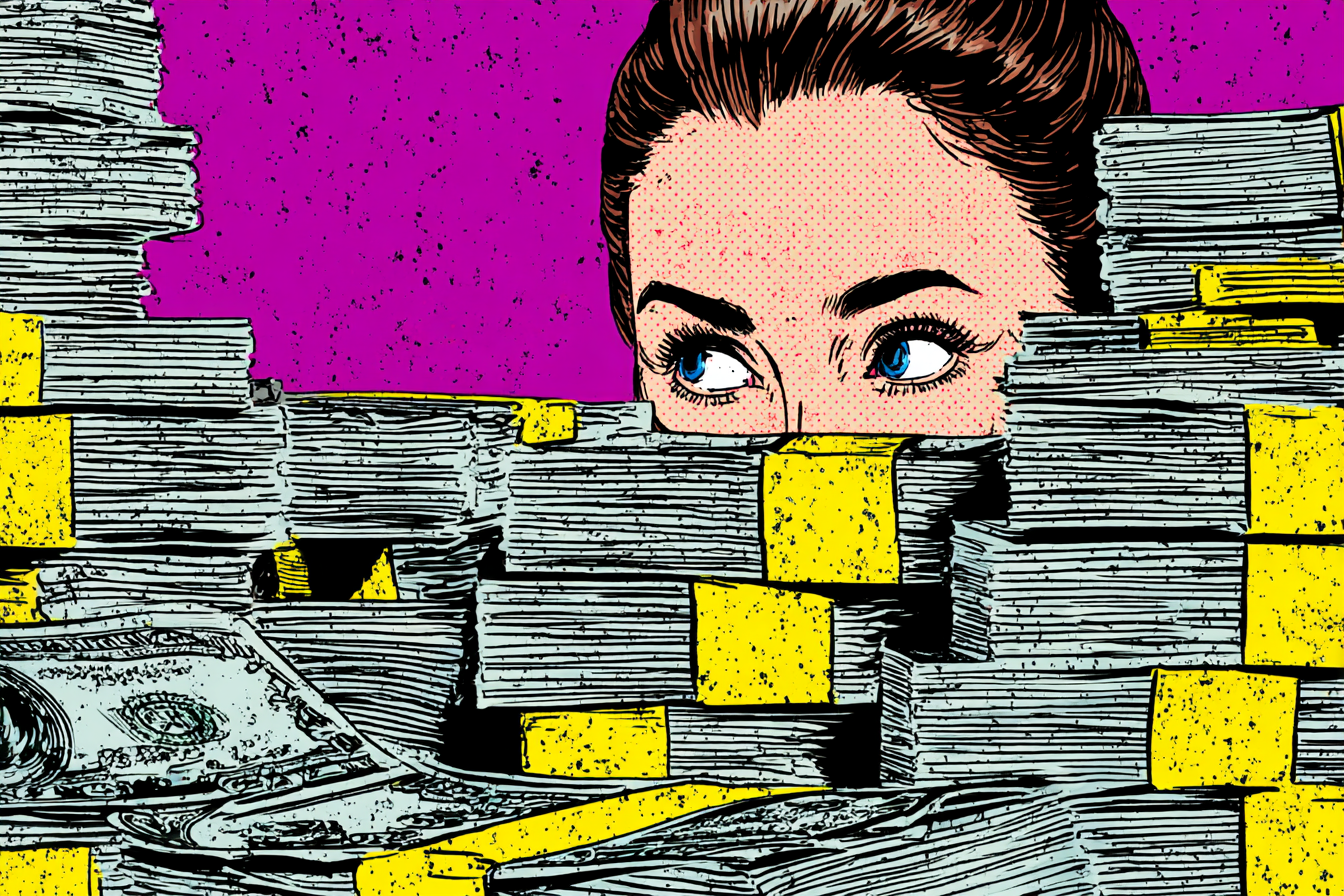 u1637156832 A woman is hiding behind exaggerated stacks of mo f4b172ba de61 4d8c a902 521d3e0d56a0 1
