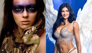 Adrianne Curry (kígyóval a nyakávban, erős sminkkel( és Kylie Jenner, aki a fantasy bra-t viseli