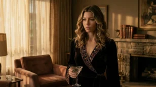 Jessica Biel egy fekete ruhában koktéllal a kezében